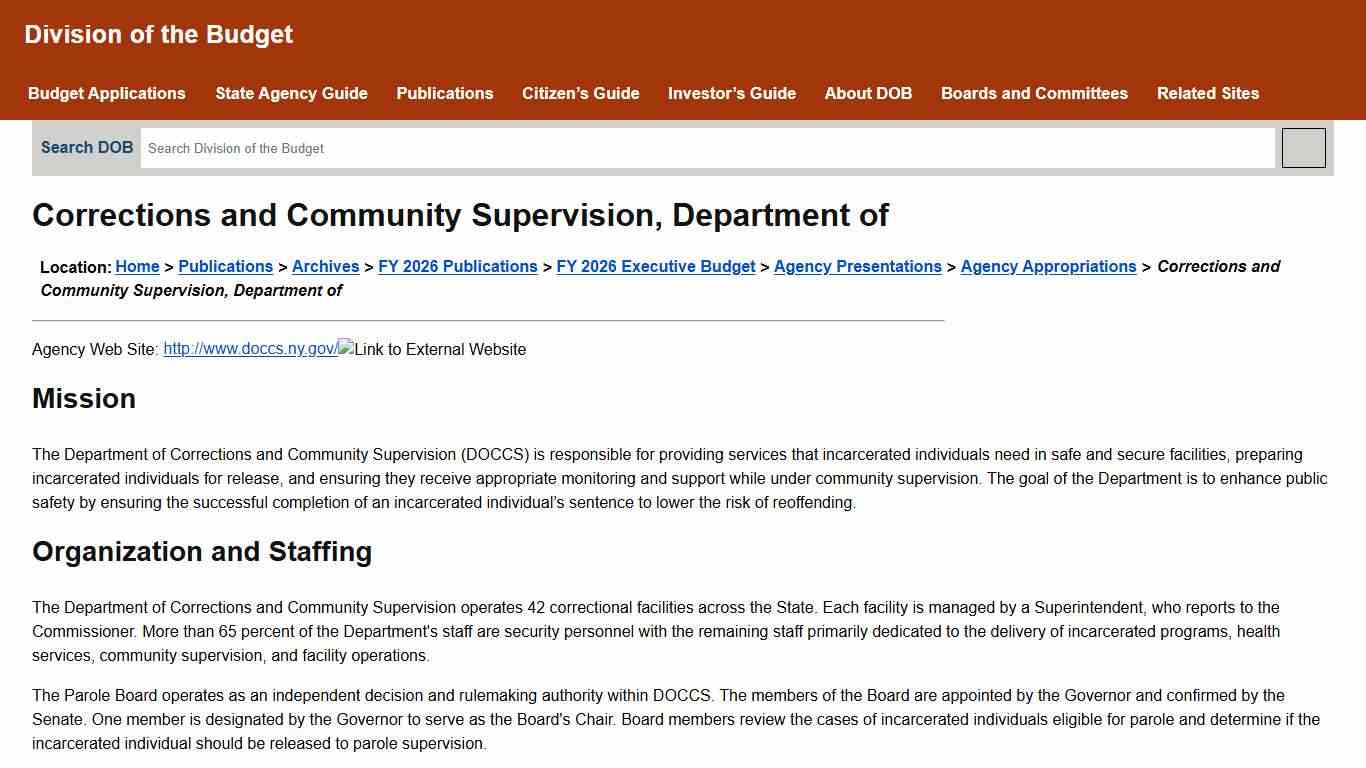 Corrections and Community Supervision, Department of Agency Appropriations FY 2026 NYS Executive Budget