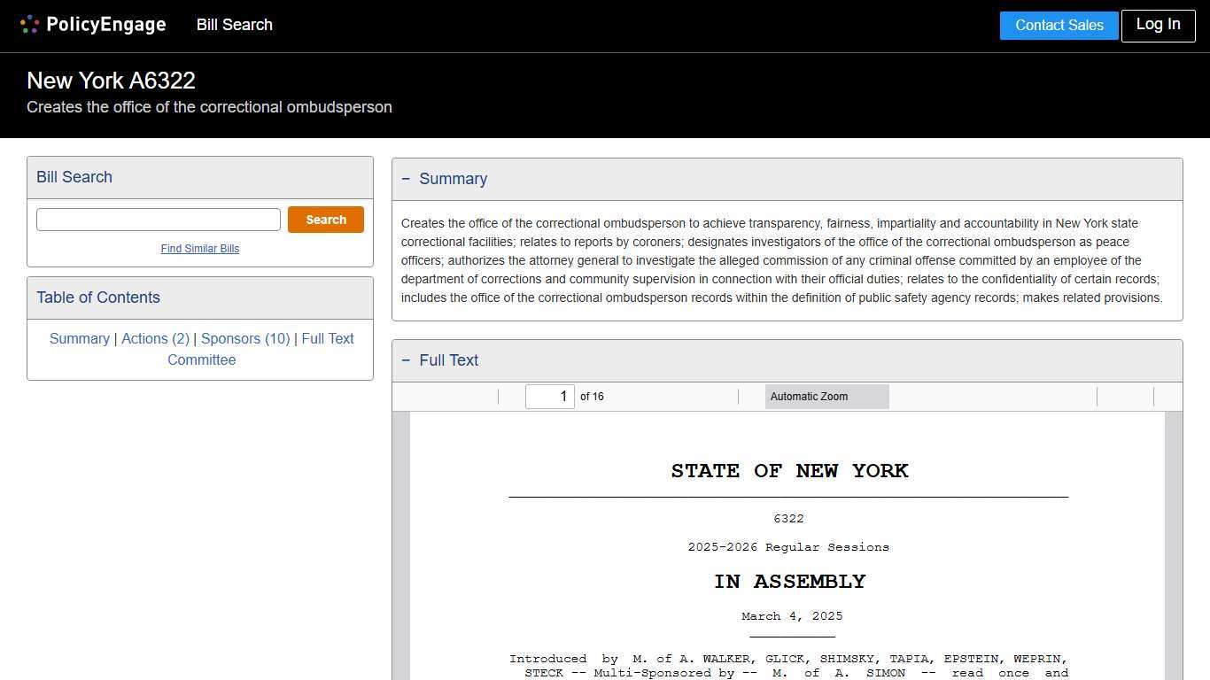 A6322 New York 2025-2026 Creates the office of the correctional ombudsperson - Legislative Tracking PolicyEngage